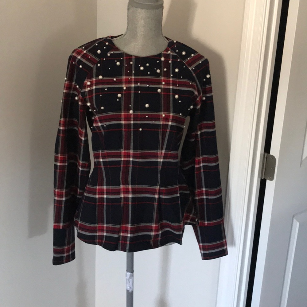 Plaid shirt with pearls